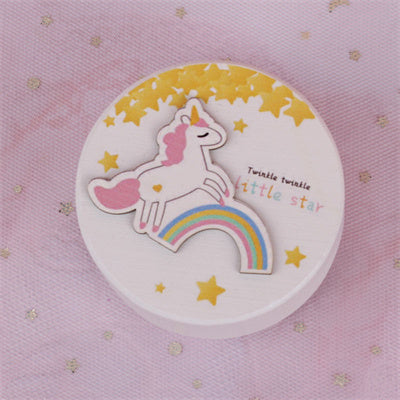 Round Wooden Music Box - Pink Unicorn Rainbow