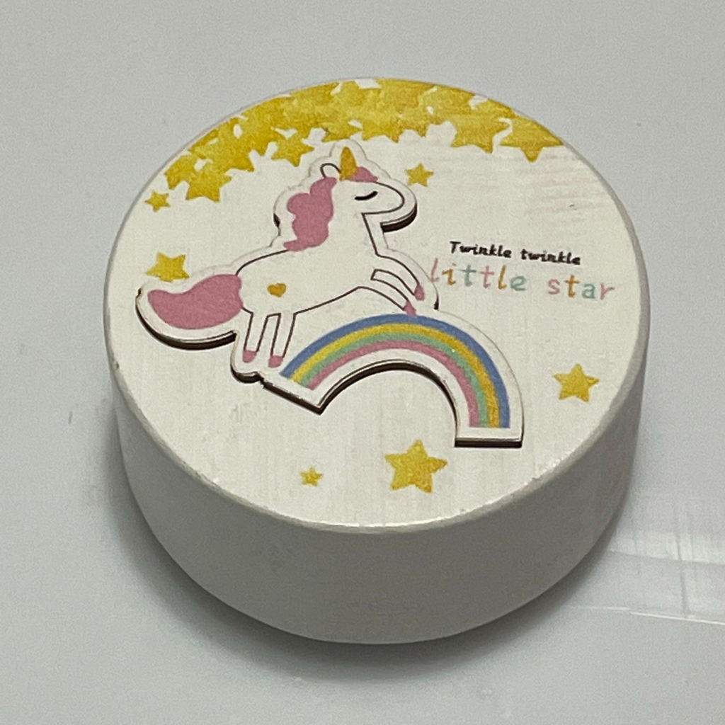 Round Wooden Music Box - Pink Unicorn Rainbow